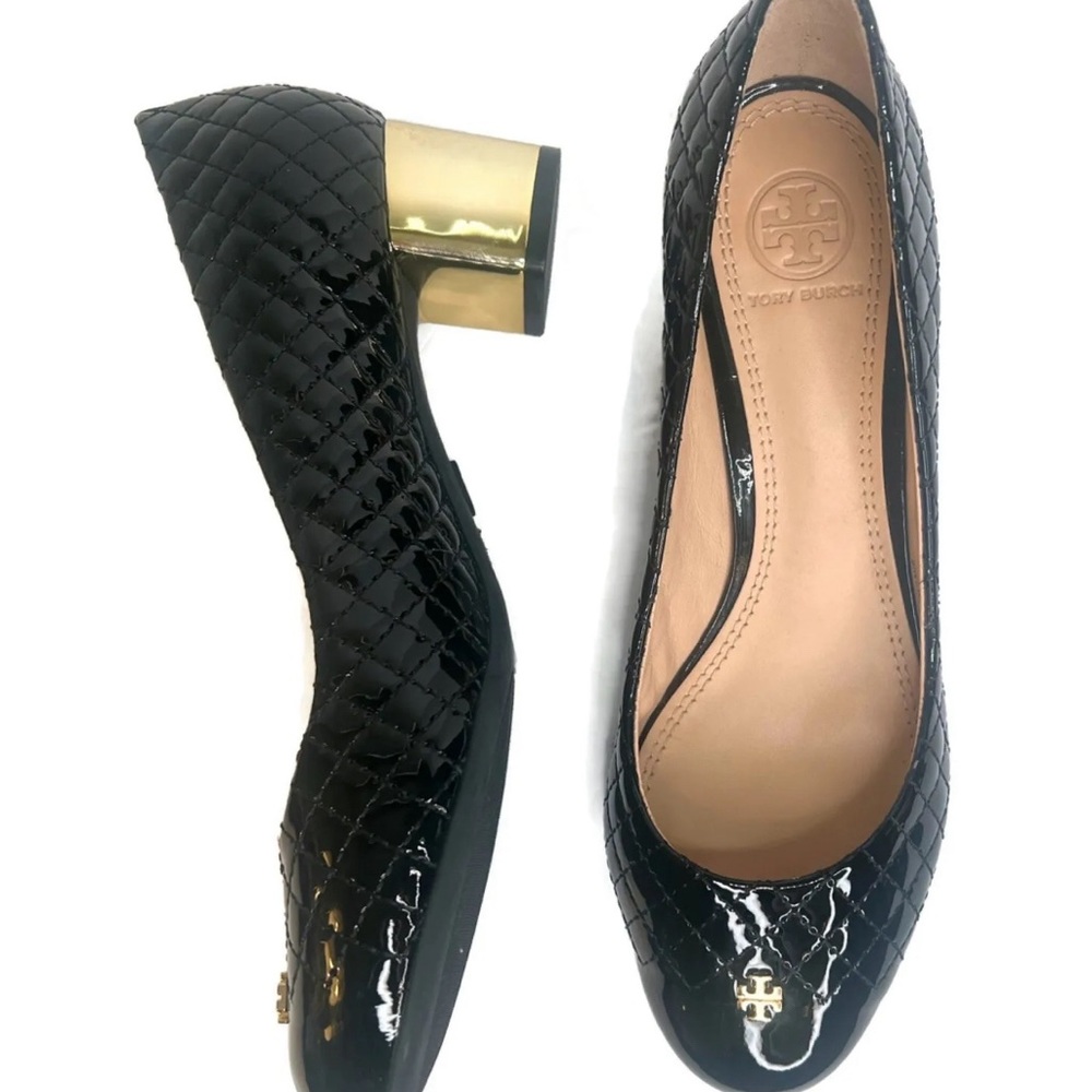 Tory Burch Kaitlin Pumps # 33379 Black & Gold Patent Leather Low Heels S…